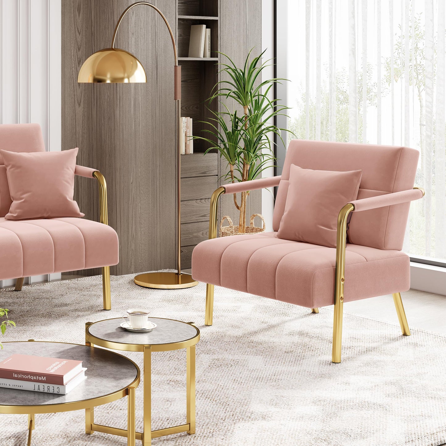 Yaheetech 2 Seater Modern Sofa Velvet Fabric Loveseat with Gold-tone Metal Arms and Legs for Bedroom, Home Office, Studio, Living Room Furniture Pink