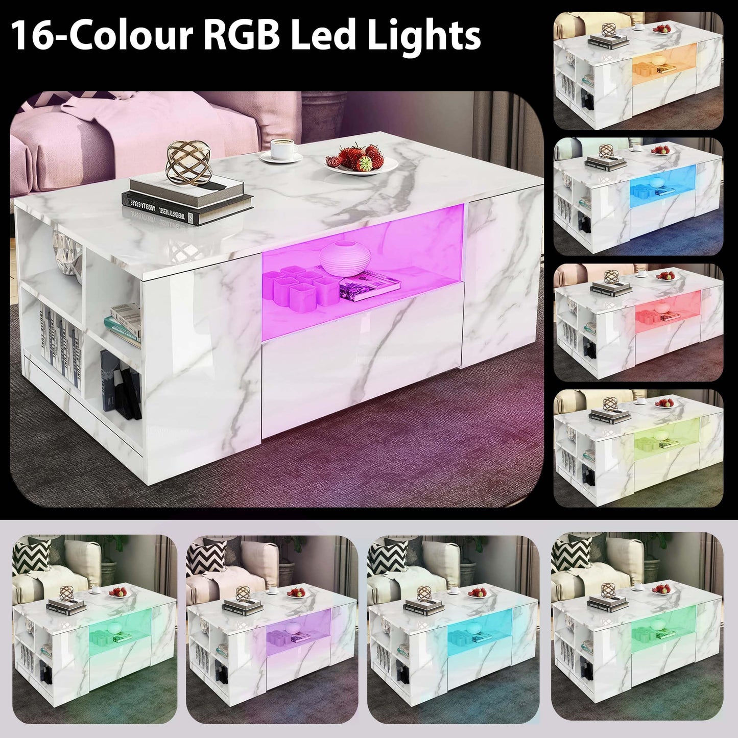 High Gloss Coffee Table, Coffee Table with Storage, Coffee Tables for Living Room with Led RGB Lights 2 Drawer Storage and Open Shelf Rectangle Centre Tea Table for Home Office Furniture, Grey