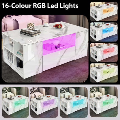 High Gloss Coffee Table, Coffee Table with Storage, Coffee Tables for Living Room with Led RGB Lights 2 Drawer Storage and Open Shelf Rectangle Centre Tea Table for Home Office Furniture, Grey