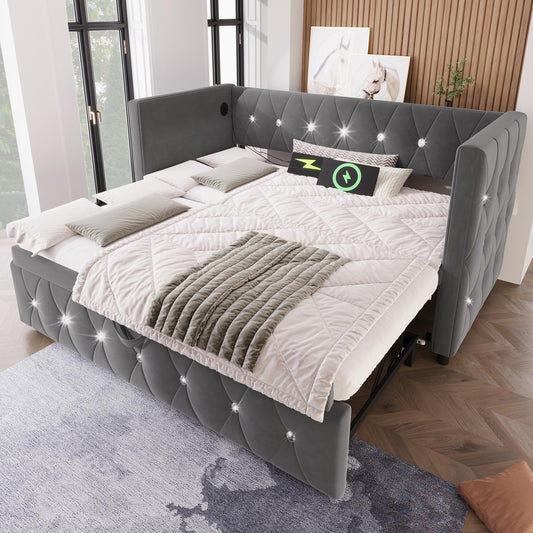 Jtyca Daybed, Trundle Bed, Upholstered Single Bed with Pull Out Bed, Sofa Bed with USB-Type C-Charging Sations, Pull Out Trundle for Living Room and Bedroom, 90 x 190 cm, Velvet, Grey, (No Mattress)