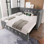 Jtyca Daybed, Trundle Bed, Upholstered Single Bed with Pull Out Bed, Sofa Bed with USB-Type C-Charging Sations, Pull Out Trundle for Living Room and Bedroom, 90 x 190 cm, Velvet, Grey, (No Mattress)