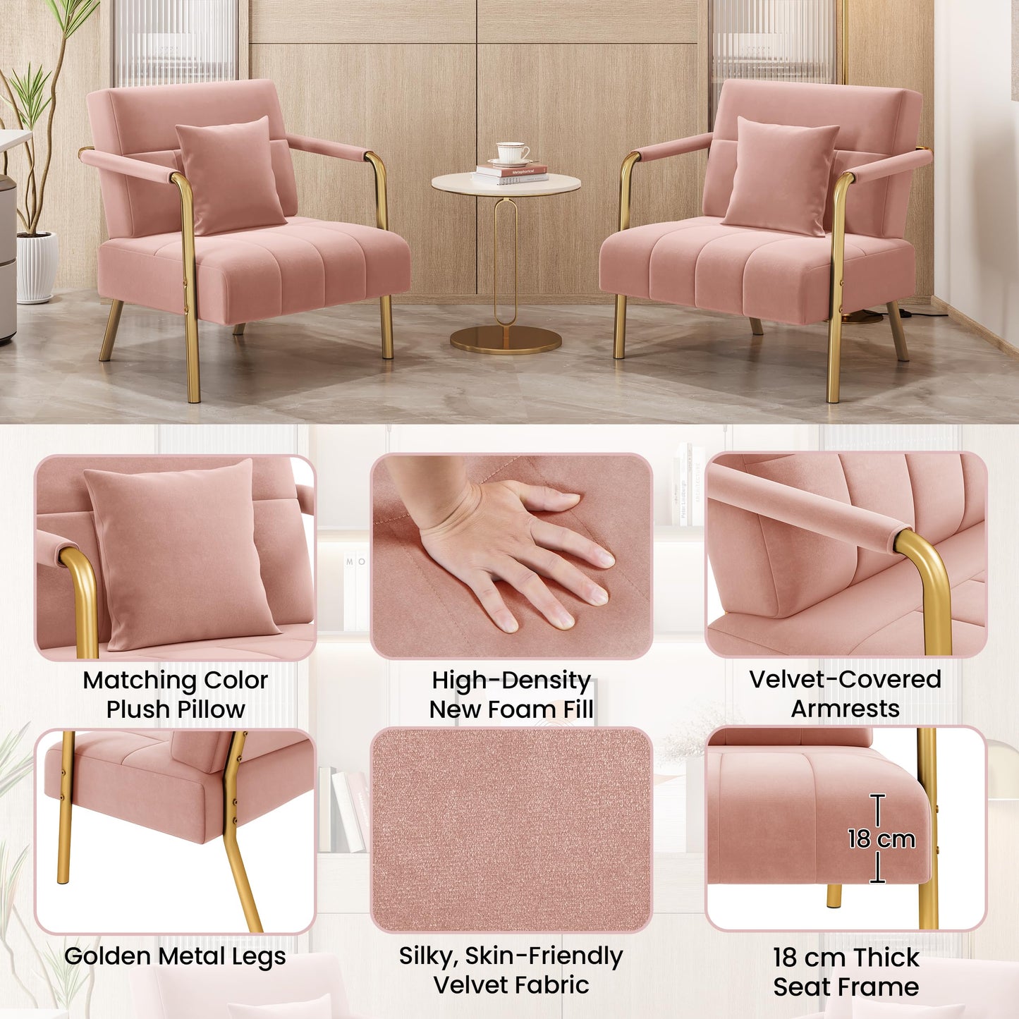 Yaheetech 2 Seater Modern Sofa Velvet Fabric Loveseat with Gold-tone Metal Arms and Legs for Bedroom, Home Office, Studio, Living Room Furniture Pink