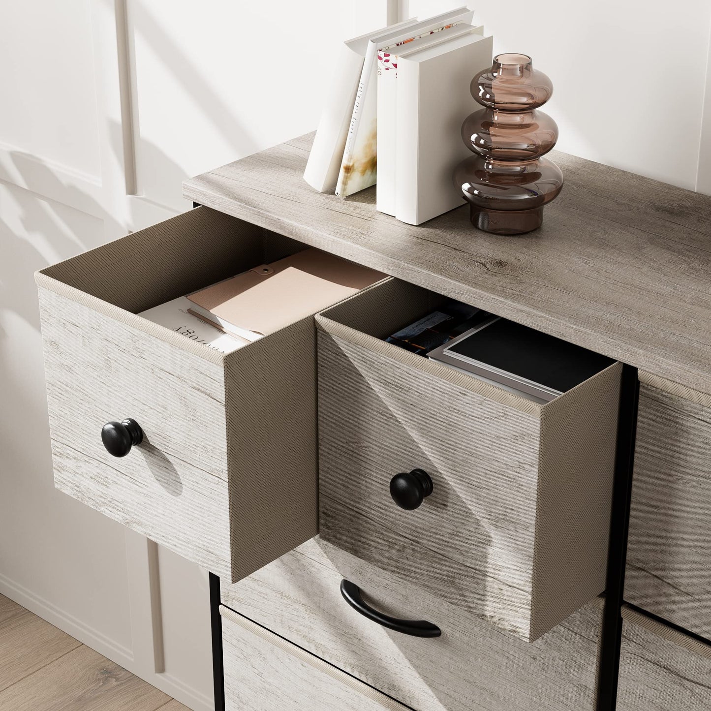 Nicehill Dresser for Bedroom with 10 Drawers, Storage Drawer Organizer, Tall Chest of Drawers for Closet, Clothes, Kids, Baby, Living Room, Wood Board, Fabric Drawers(Black Wood Grain)
