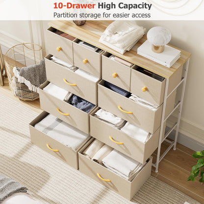 Nicehill Dresser for Bedroom with 10 Drawers, Storage Drawer Organizer, Tall Chest of Drawers for Closet, Clothes, Kids, Baby, Living Room, Wood Board, Fabric Drawers(Black Wood Grain)