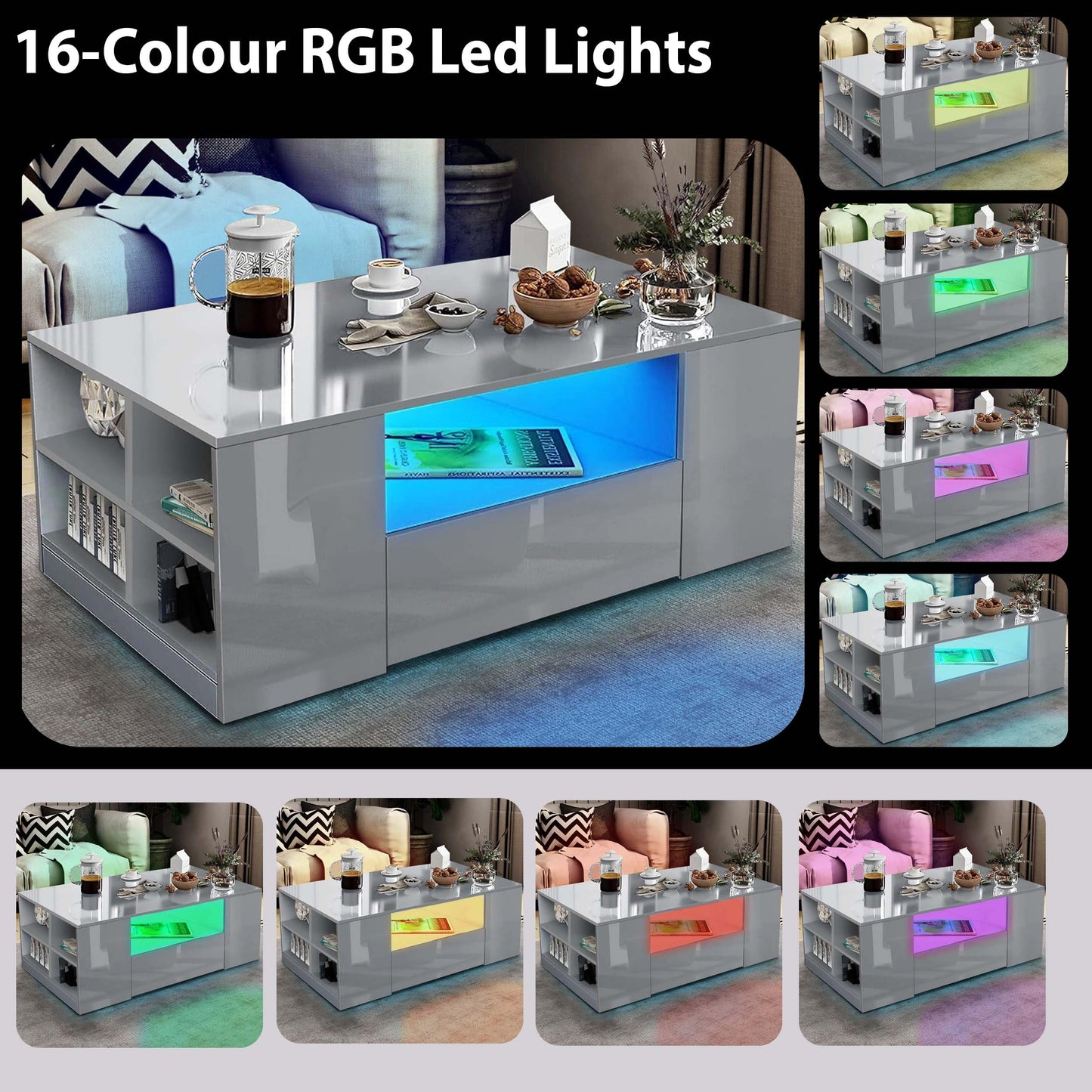 High Gloss Coffee Table, Coffee Table with Storage, Coffee Tables for Living Room with Led RGB Lights 2 Drawer Storage and Open Shelf Rectangle Centre Tea Table for Home Office Furniture, Grey