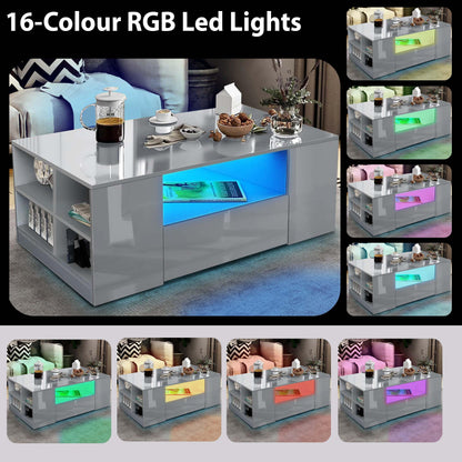High Gloss Coffee Table, Coffee Table with Storage, Coffee Tables for Living Room with Led RGB Lights 2 Drawer Storage and Open Shelf Rectangle Centre Tea Table for Home Office Furniture, Grey