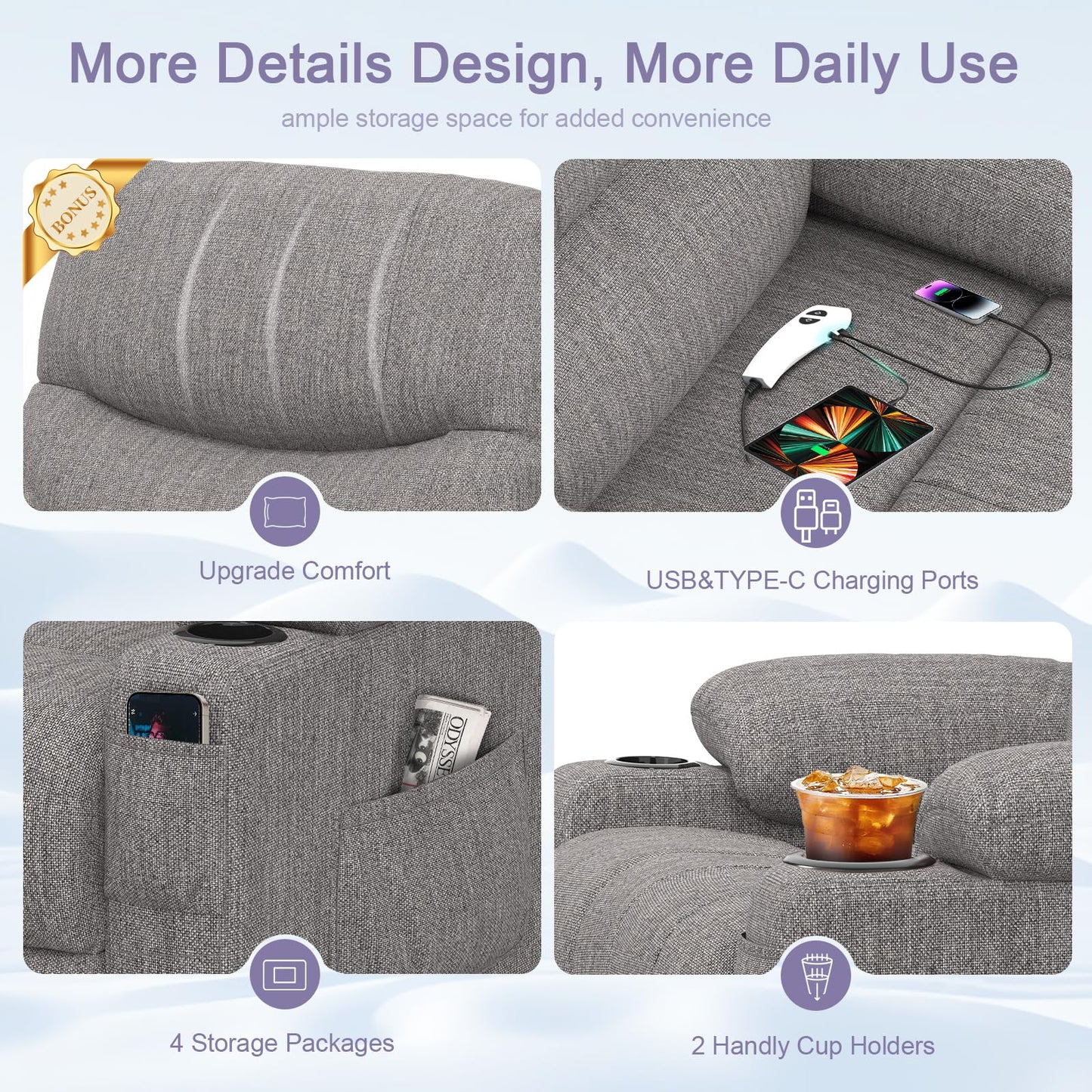 BareTay Recliner Armchair Electric Lift Chair with Massage & Heat, Extended Footrest, Oversized Riser Reclining Chair Lounge Sofa with Type C+USB, 2 Drink Holders, 4 Side Pockets