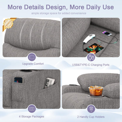 BareTay Recliner Armchair Electric Lift Chair with Massage & Heat, Extended Footrest, Oversized Riser Reclining Chair Lounge Sofa with Type C+USB, 2 Drink Holders, 4 Side Pockets