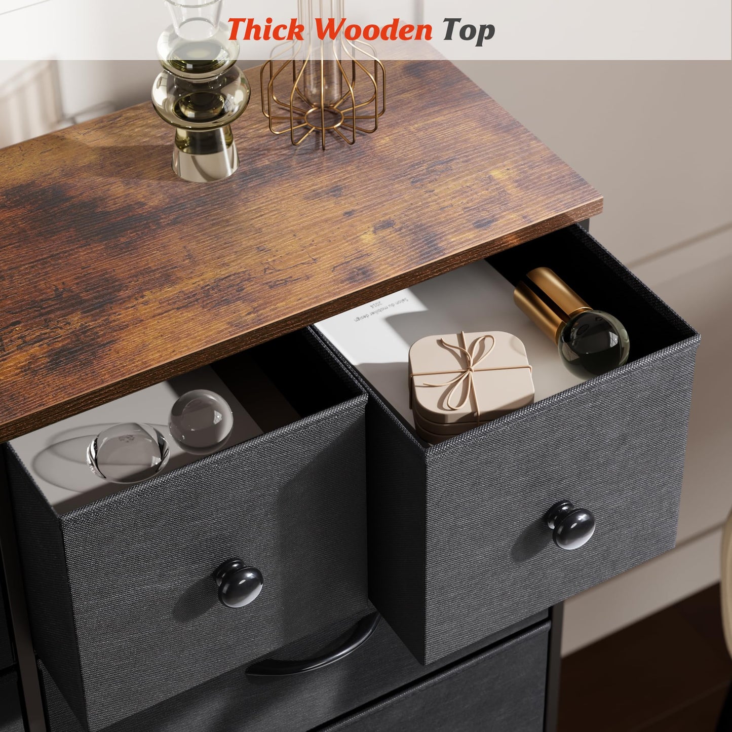 Nicehill Dresser for Bedroom with 10 Drawers, Storage Drawer Organizer, Tall Chest of Drawers for Closet, Clothes, Kids, Baby, Living Room, Wood Board, Fabric Drawers(Black Wood Grain)