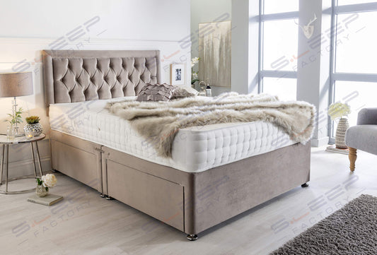 Sleep Factory's Luxury Divan Bed Set in Pebble Plush with Chesterfield Bumper Headboard and Memory Sprung Mattress 6.0FT (Super King) 4 Drawers
