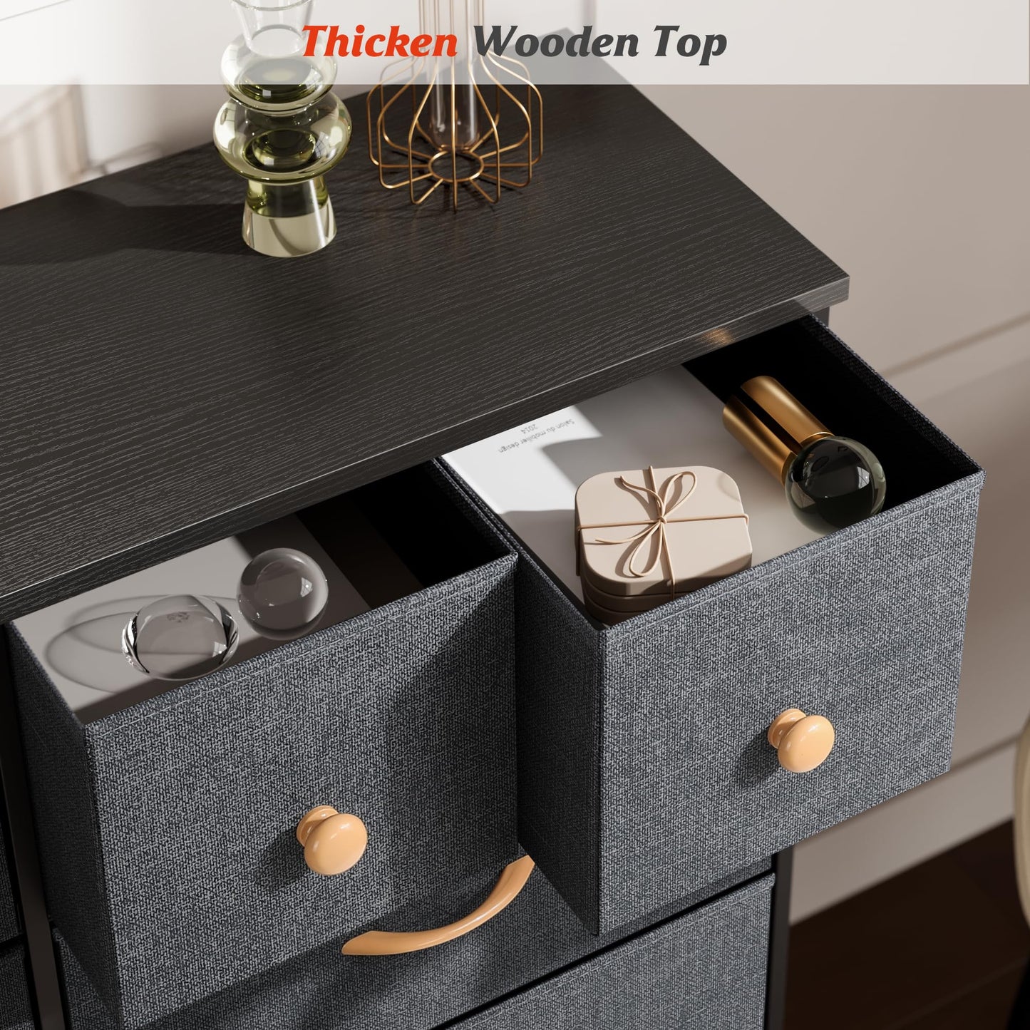 Nicehill Dresser for Bedroom with 10 Drawers, Storage Drawer Organizer, Tall Chest of Drawers for Closet, Clothes, Kids, Baby, Living Room, Wood Board, Fabric Drawers(Black Wood Grain)