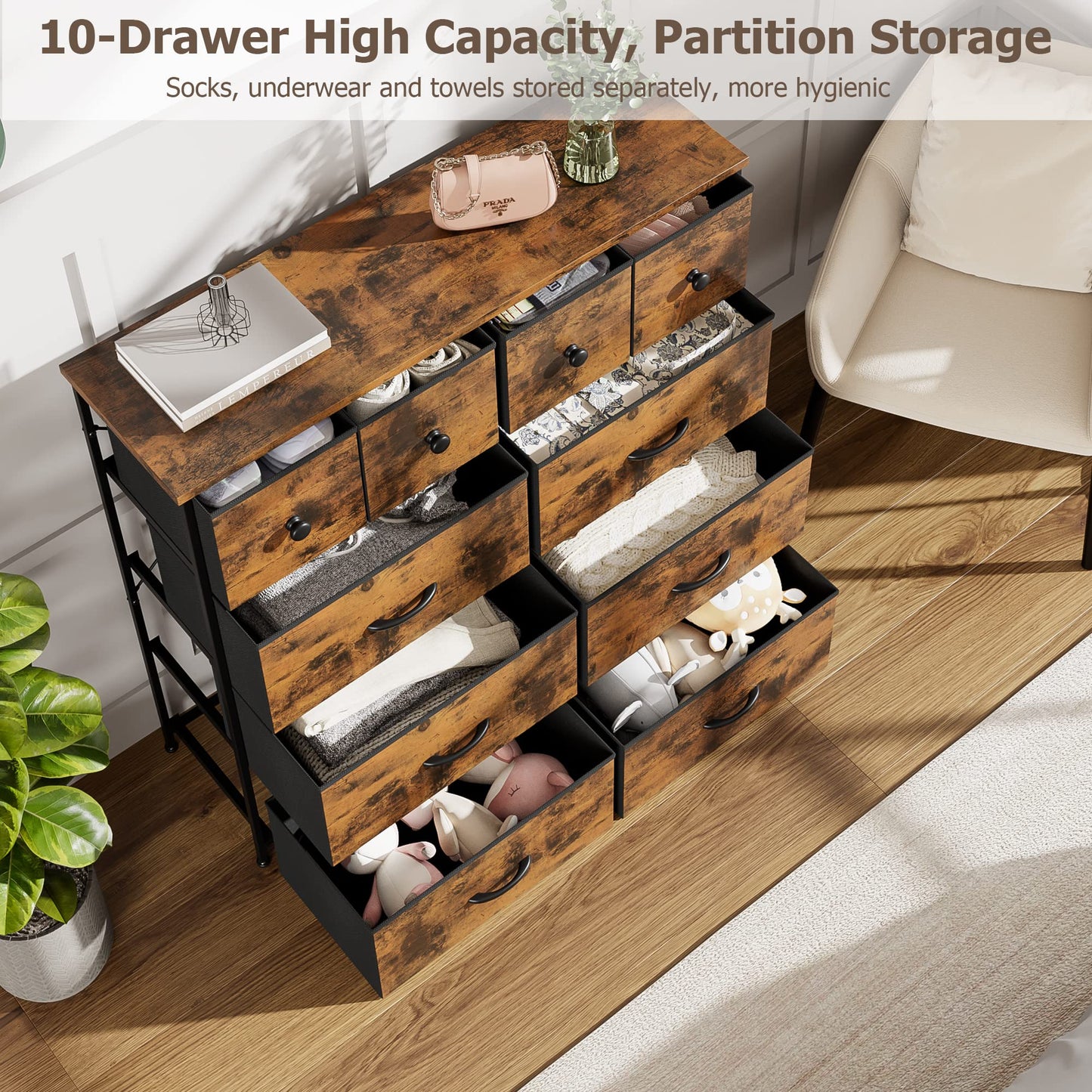 Nicehill Dresser for Bedroom with 10 Drawers, Storage Drawer Organizer, Tall Chest of Drawers for Closet, Clothes, Kids, Baby, Living Room, Wood Board, Fabric Drawers(Black Wood Grain)