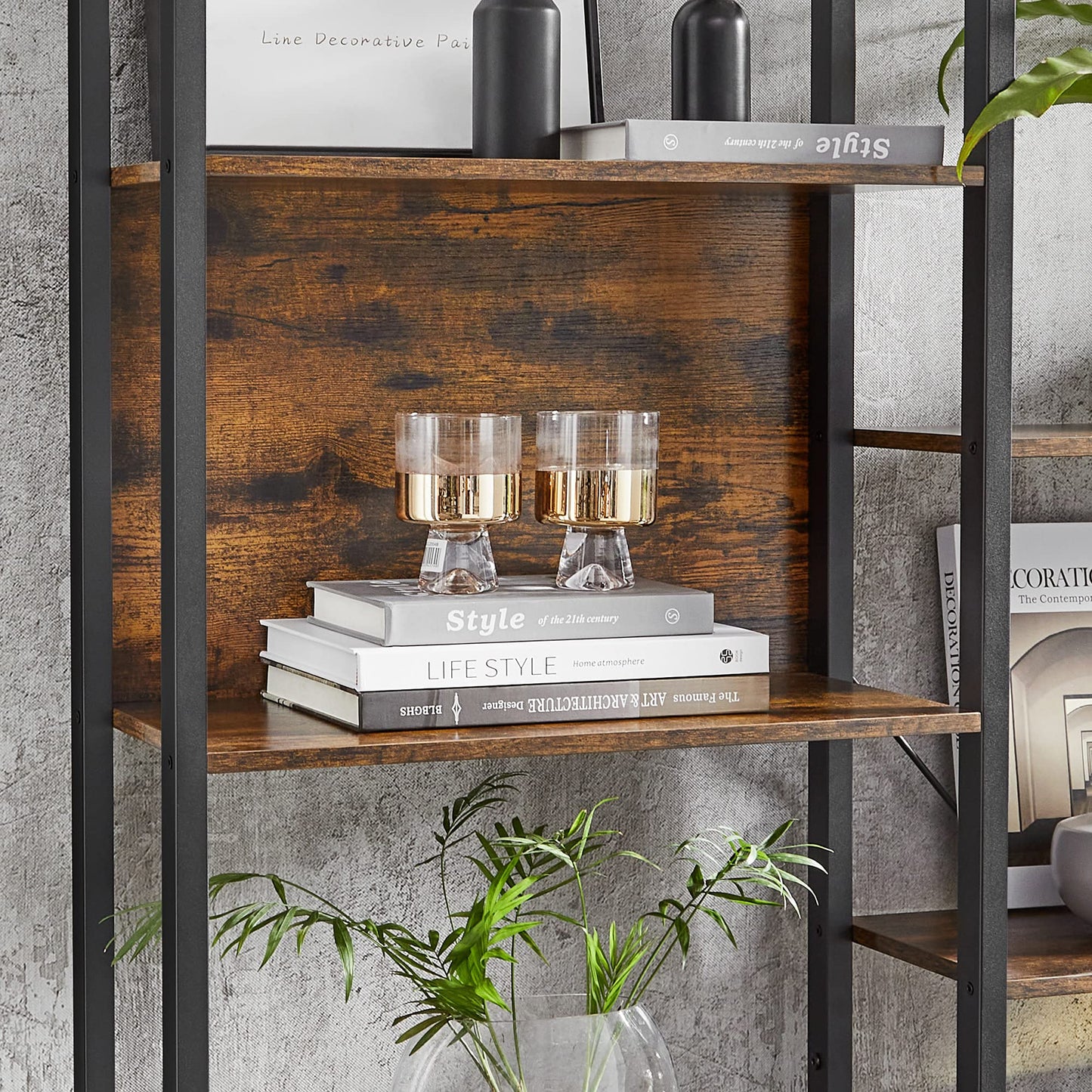 VASAGLE Bookcase, Bookshelf with 14 Shelves, Metal Frame, Shelf Unit for Living Room, Home Office, Industrial Style, 24 x 158 x 166 cm, Rustic Brown and Ink Black LLS107B01
