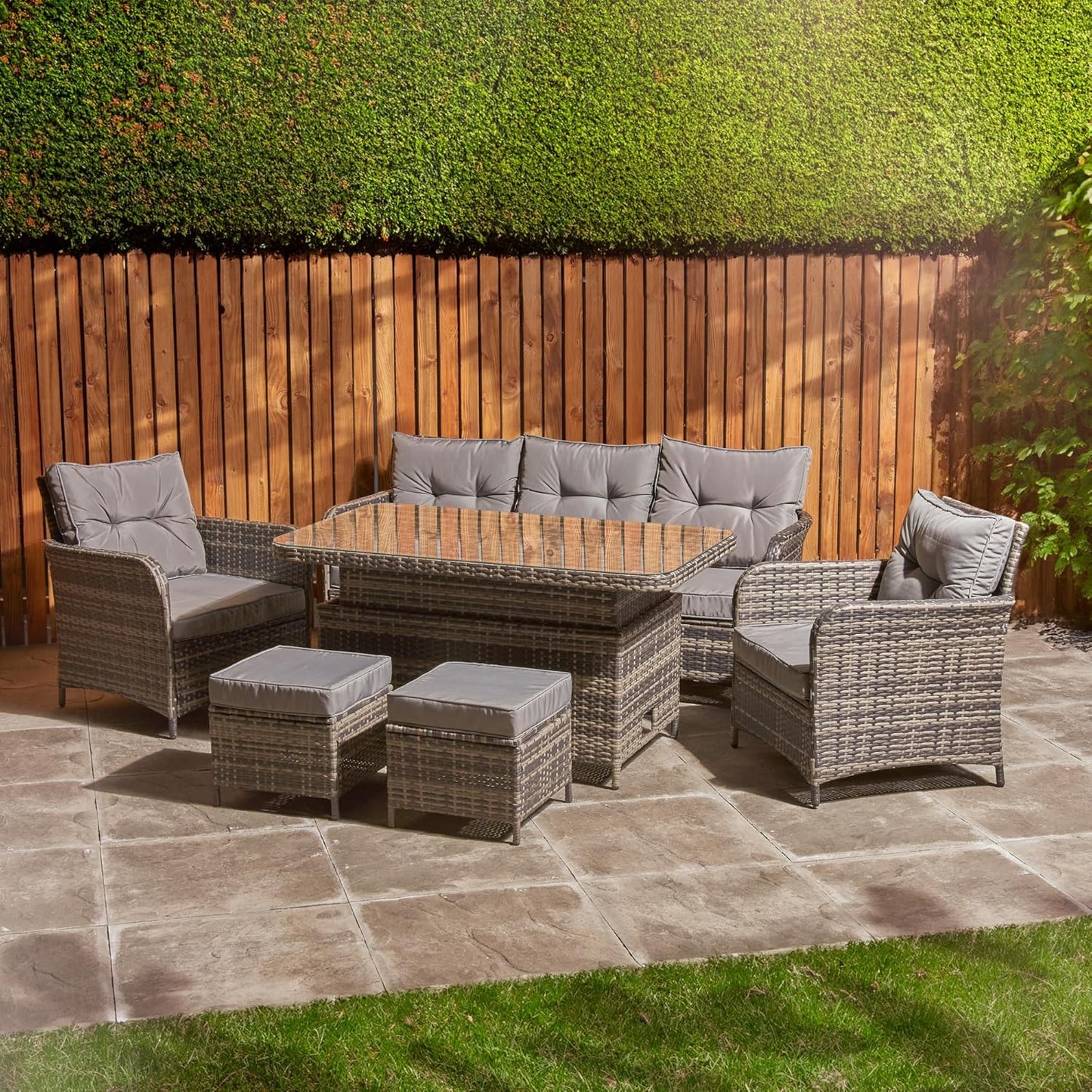 Home Treats Rattan Dining Set 7 Seater | Deluxe Garden Furniture Set | Patio Outdoor Dining Furniture Set With Rising Dining Table & Chairs Stools & Rain Cover | Grey Cushions Garden Lawn Furniture