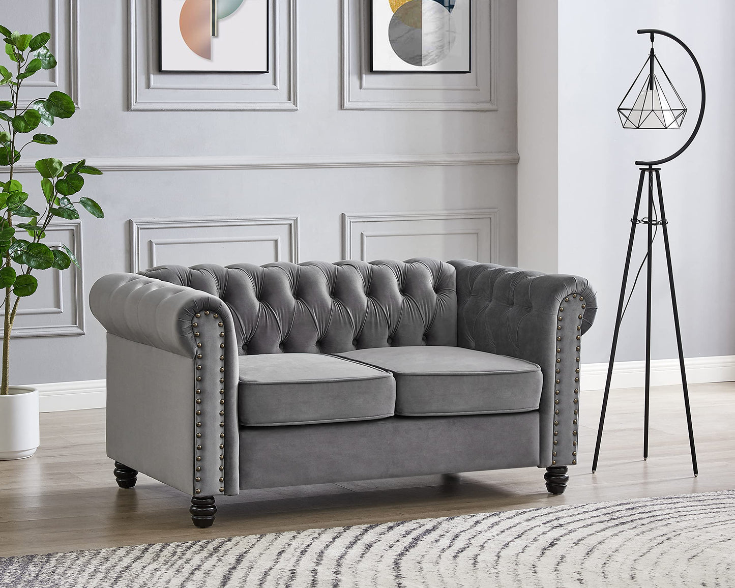 Chesterfield Sofa Velvet Upholstered Couch in 2 Seater or 3 Seater Fabric Sofa in Grey, Blue, Black, Green, Gold (2 Seater, Black)