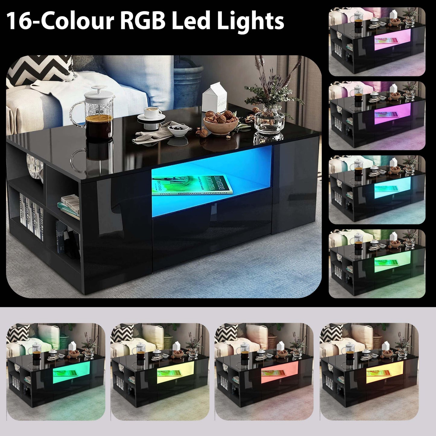 High Gloss Coffee Table, Coffee Table with Storage, Coffee Tables for Living Room with Led RGB Lights 2 Drawer Storage and Open Shelf Rectangle Centre Tea Table for Home Office Furniture, Grey