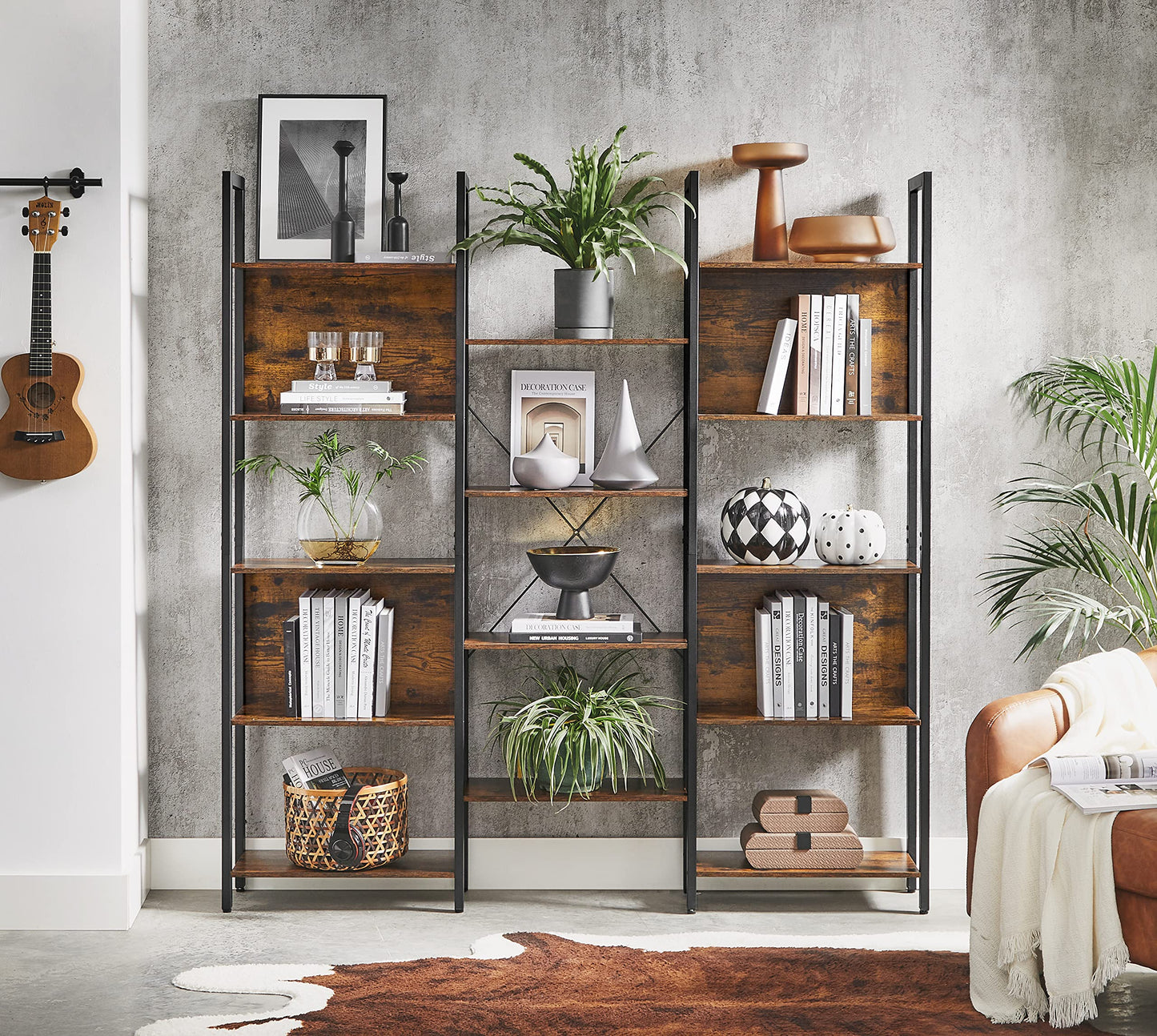 VASAGLE Bookcase, Bookshelf with 14 Shelves, Metal Frame, Shelf Unit for Living Room, Home Office, Industrial Style, 24 x 158 x 166 cm, Rustic Brown and Ink Black LLS107B01